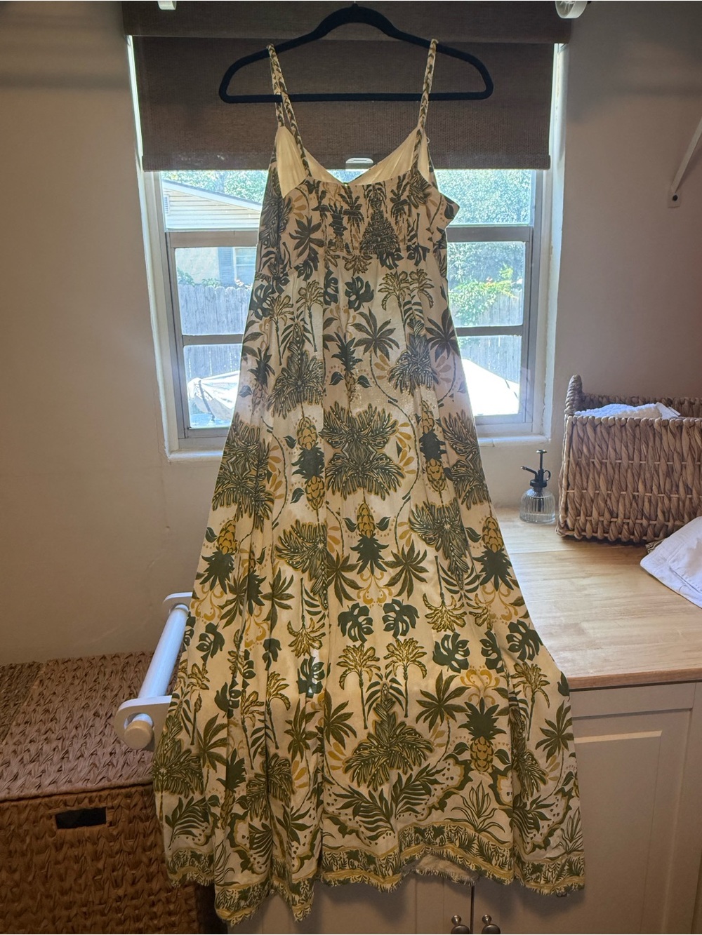 Tropical Palm Print Linen Maxi Slip Dress - Green, Yellow, and Tan - Picture 2 of 6